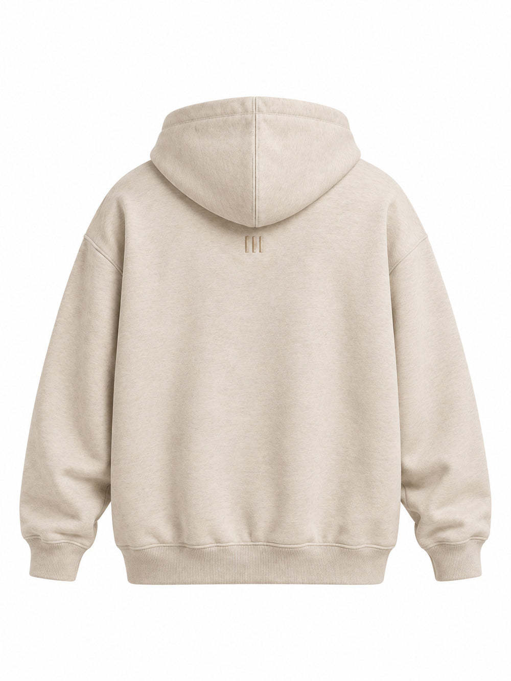 Back view of the Quiet Form oatmeal embroidered oversized hoodie with small tonal three-bar emblem below the hood
