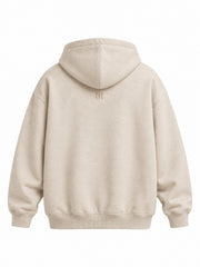 Back view of the Quiet Form oatmeal embroidered oversized hoodie with small tonal three-bar emblem below the hood