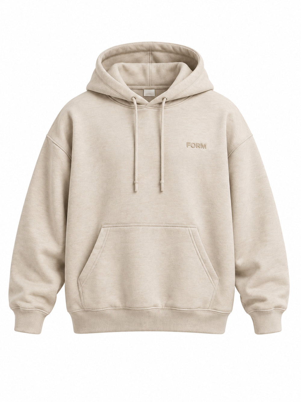 Front view of the Quiet Form oatmeal embroidered oversized hoodie with small tonal beige FORM satin-stitch lettering on the left chest