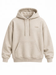 Front view of the Quiet Form oatmeal embroidered oversized hoodie with small tonal beige FORM satin-stitch lettering on the left chest