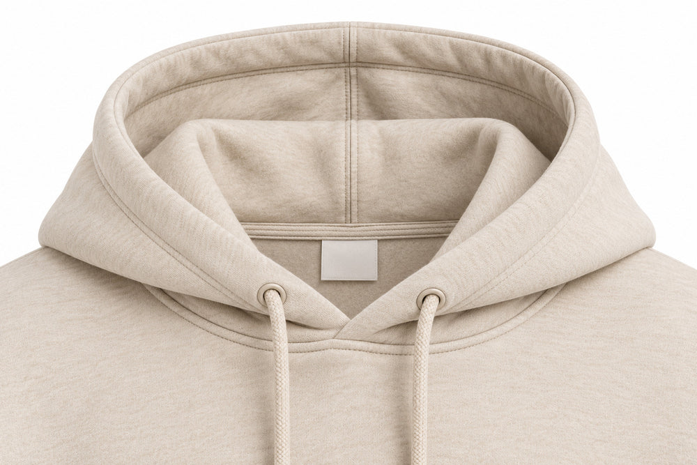 Close-up of the hood and neckline of the Quiet Form oatmeal embroidered oversized hoodie