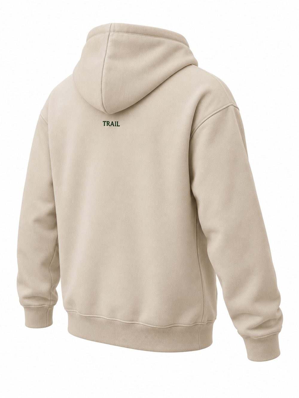Rear three-quarter view of the Trail Compass warm sand embroidered hoodie