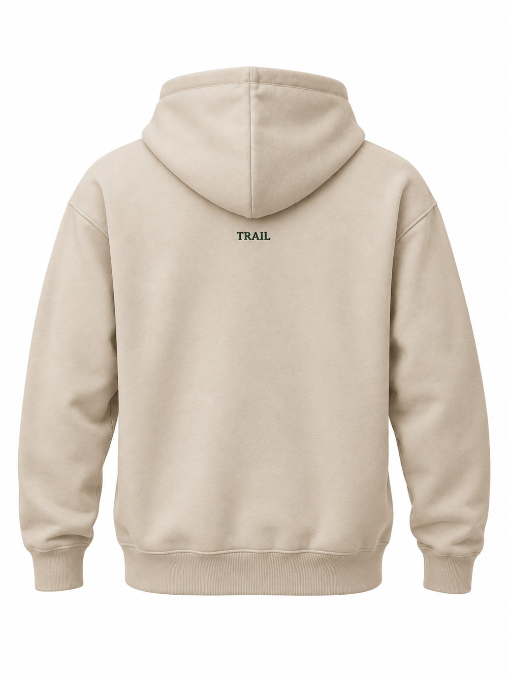 Back view of the Trail Compass warm sand embroidered hoodie with small forest green TRAIL embroidery below the hood