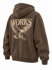 Rear three-quarter view of the Vintage Zip faded brown embroidered oversized zip-up hoodie