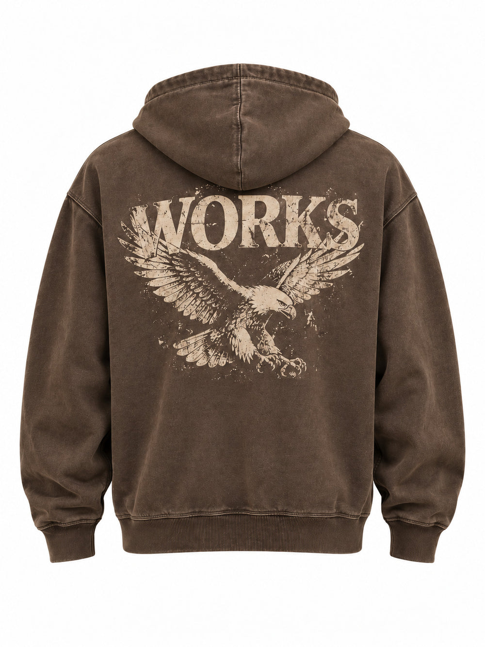 Back view of the Vintage Zip faded brown embroidered oversized zip-up hoodie with distressed one-color cream workshop eagle with WORKS lettering