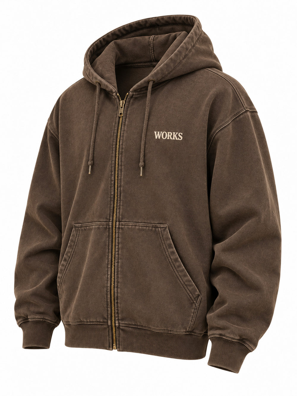 Front three-quarter view of the Vintage Zip faded brown embroidered oversized zip-up hoodie