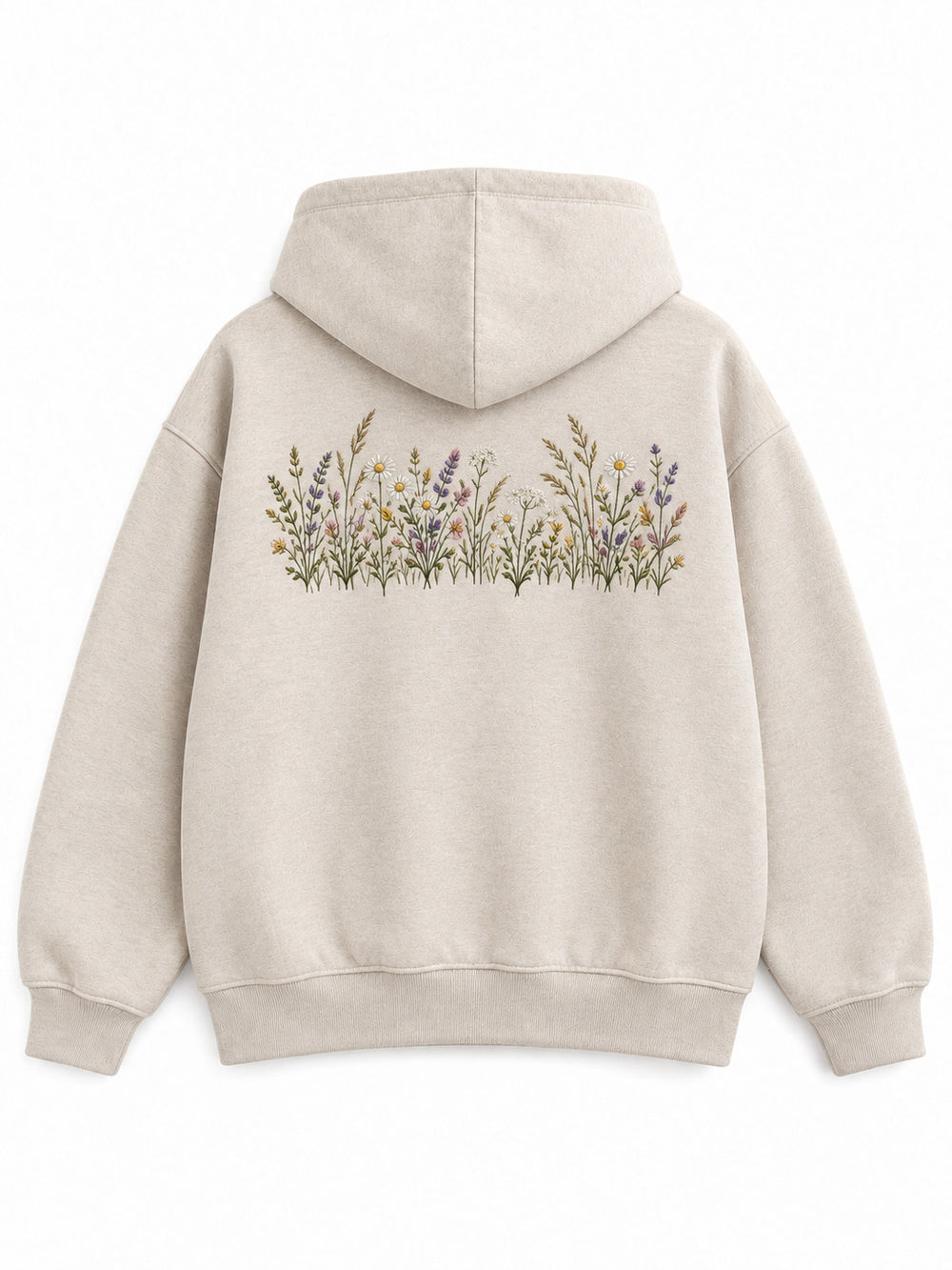 Back view of the Wild Meadow oatmeal embroidered hoodie with a horizontal embroidered wildflower meadow