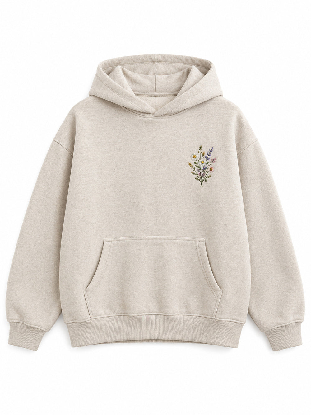 Front view of the Wild Meadow oatmeal embroidered hoodie with a small multicolor wildflower sprig at the left chest