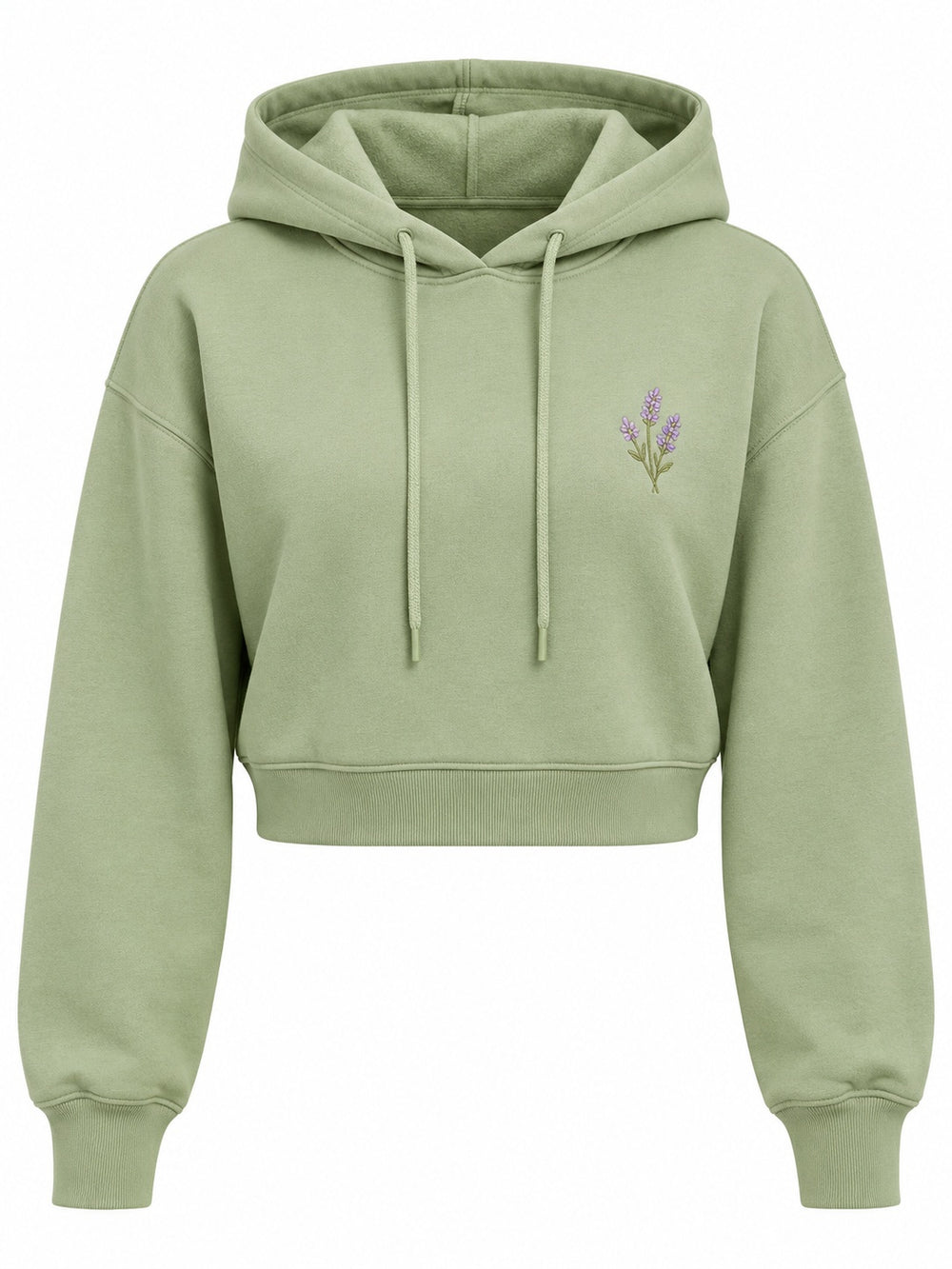 Front view of the Lavender Sprig pistachio embroidered cropped hoodie with small embroidered lavender sprig on the left chest