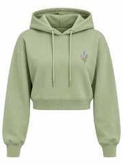 Front view of the Lavender Sprig pistachio embroidered cropped hoodie with small embroidered lavender sprig on the left chest
