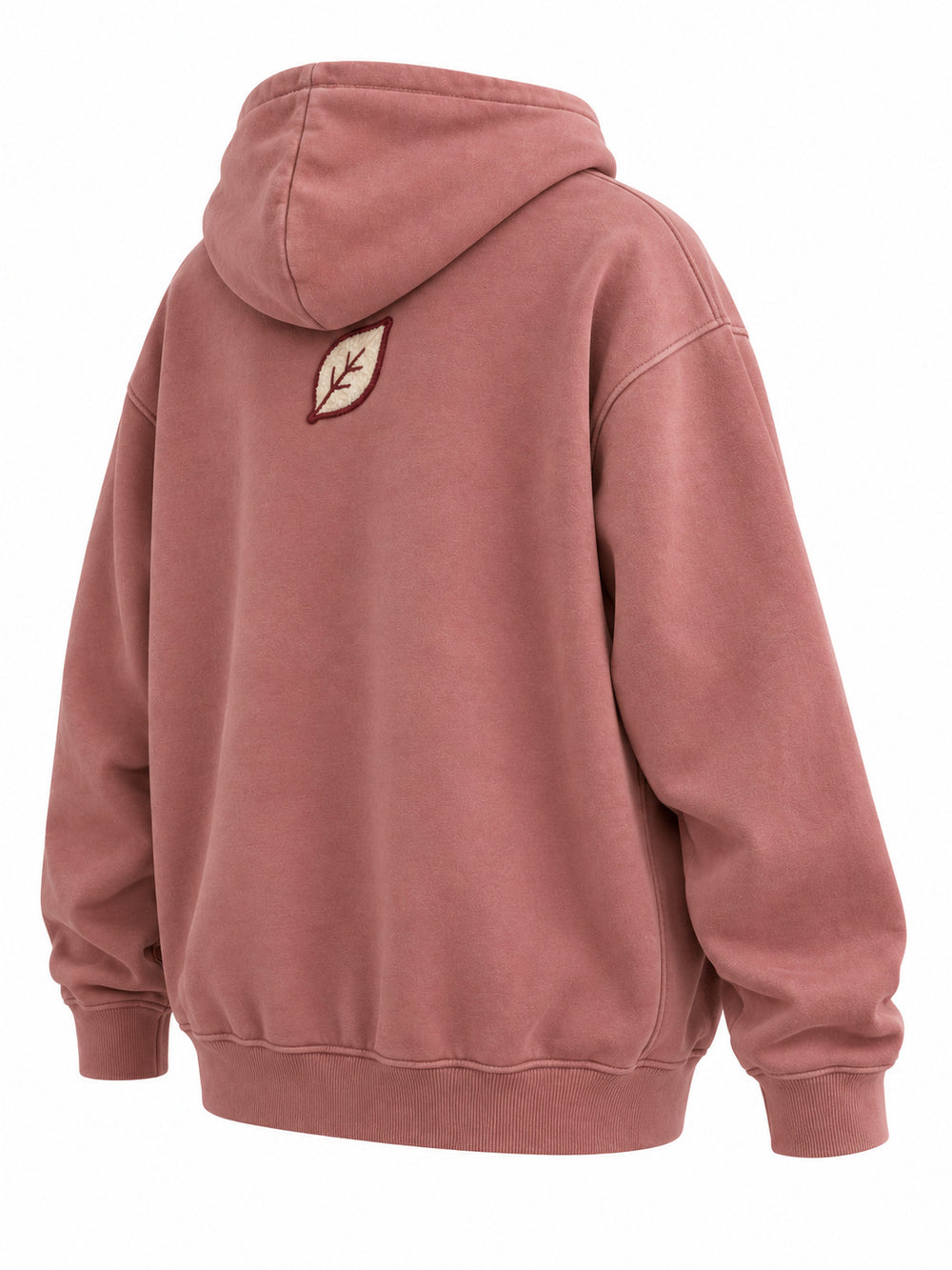 Rear three-quarter view of the Felt Bloom dusty rose felt appliqué hoodie
