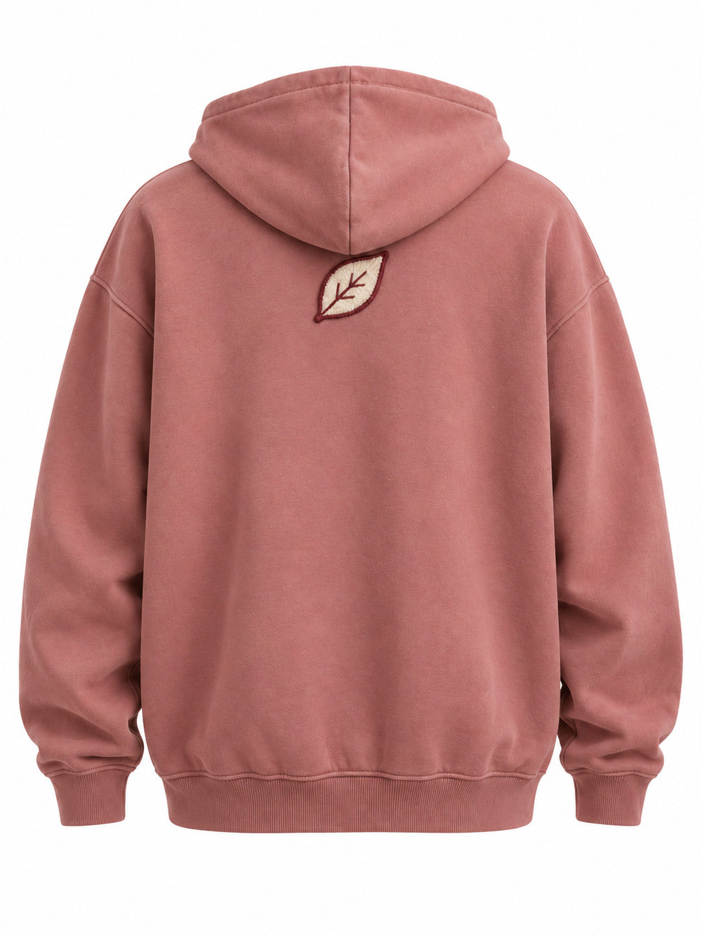 Back view of the Felt Bloom dusty rose felt appliqué hoodie with small cream felt leaf at the nape