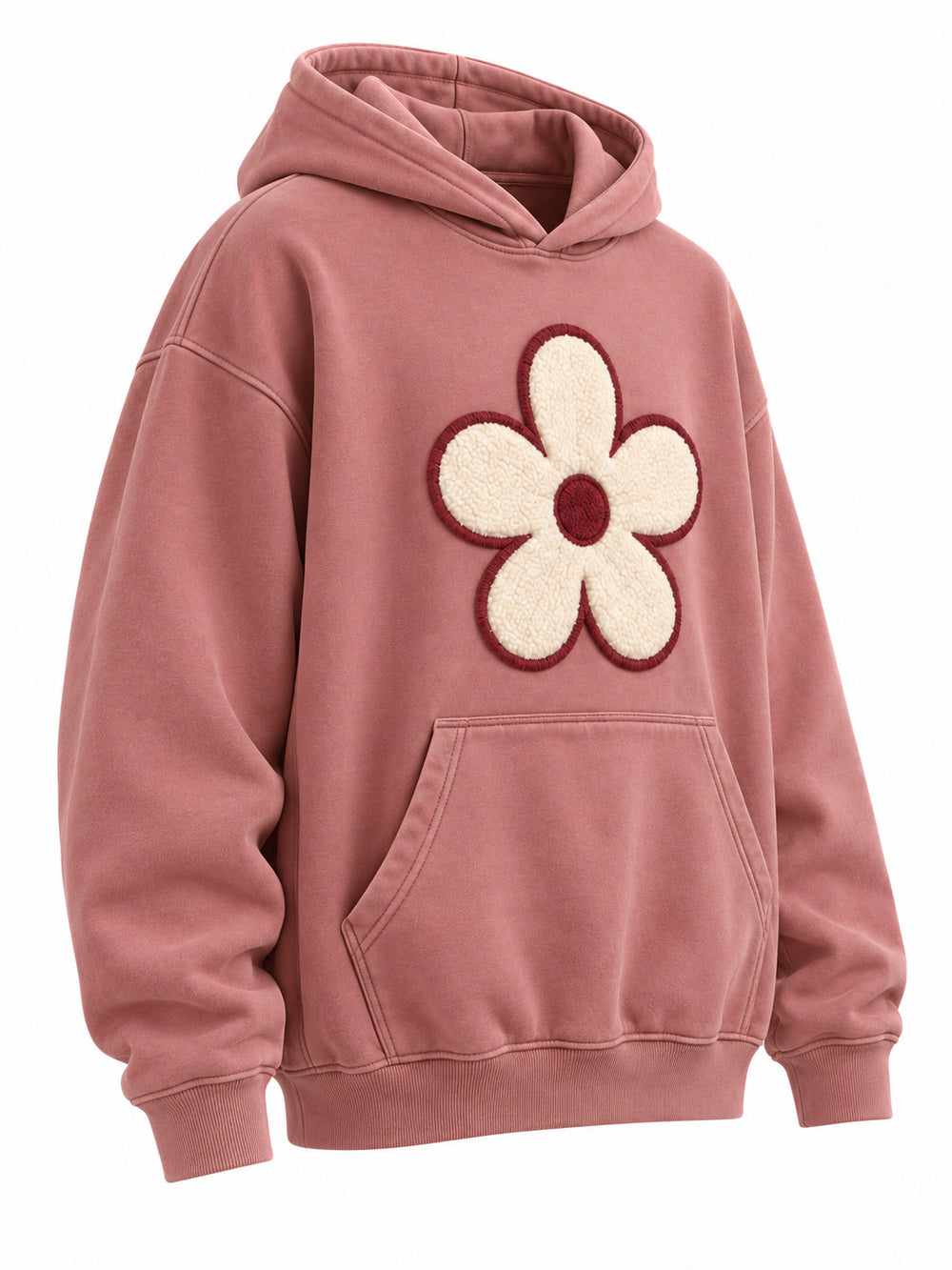Front three-quarter view of the Felt Bloom dusty rose felt appliqué hoodie