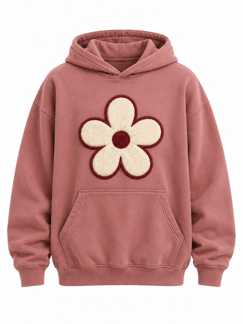Front view of the Felt Bloom dusty rose felt appliqué hoodie with large cream felt five-petal flower with a burgundy satin-stitch border