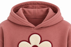 Close-up of the hood and neckline of the Felt Bloom dusty rose felt appliqué hoodie