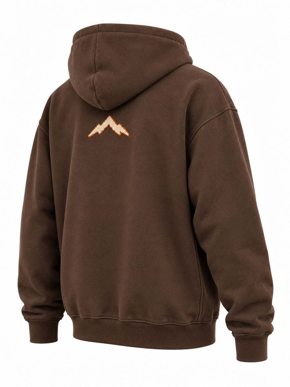 Rear three-quarter view of the Heritage Stitch brown felt appliqué hoodie