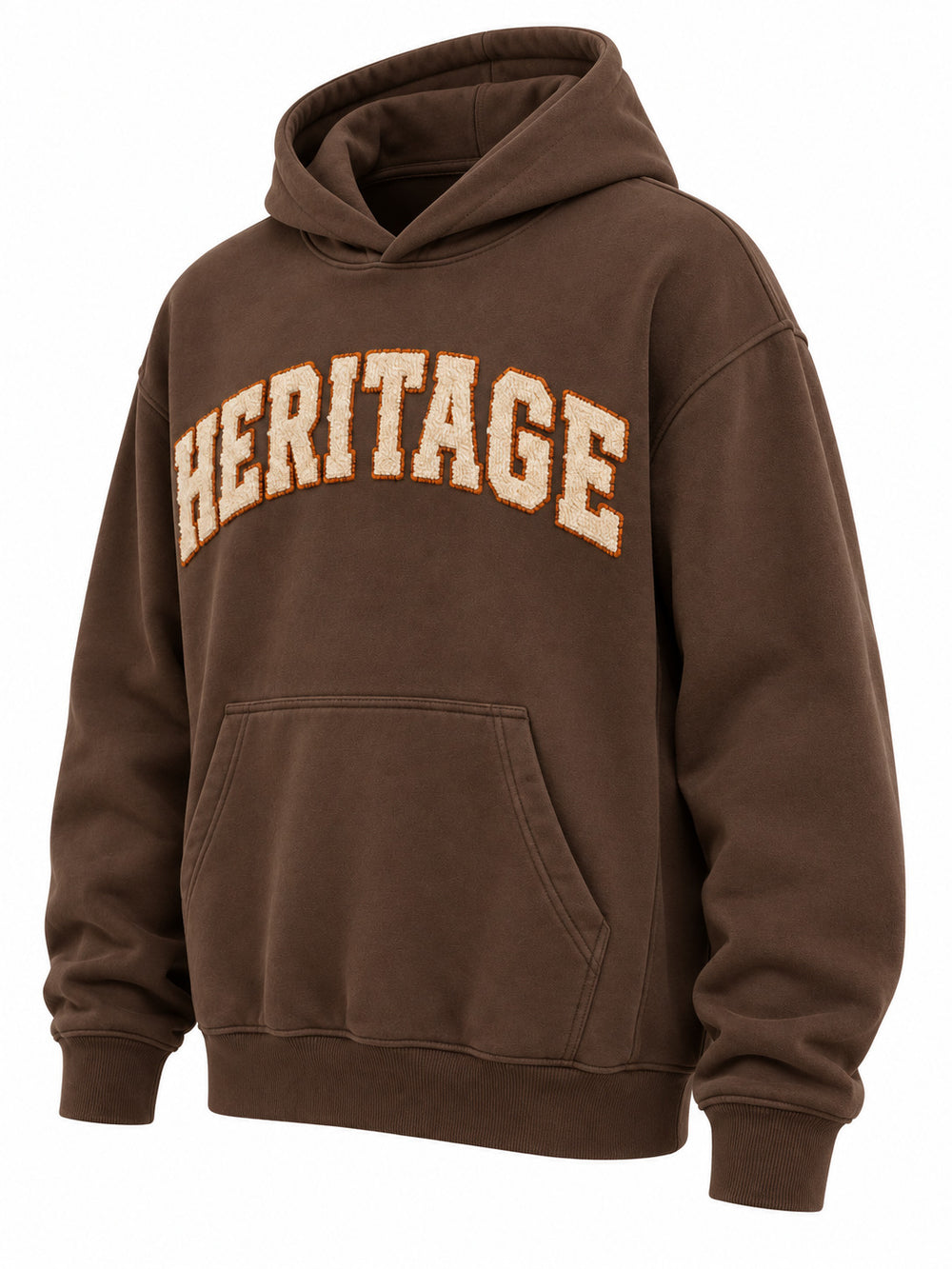 Front three-quarter view of the Heritage Stitch brown felt appliqué hoodie