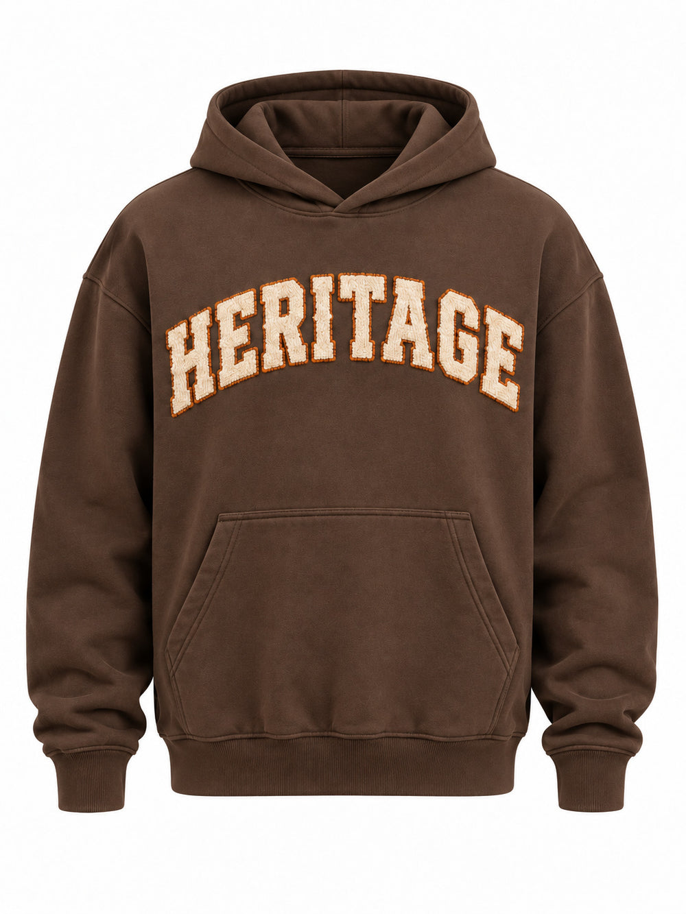 Front view of the Heritage Stitch brown felt appliqué hoodie with cream HERITAGE curved felt letters with orange blanket stitching