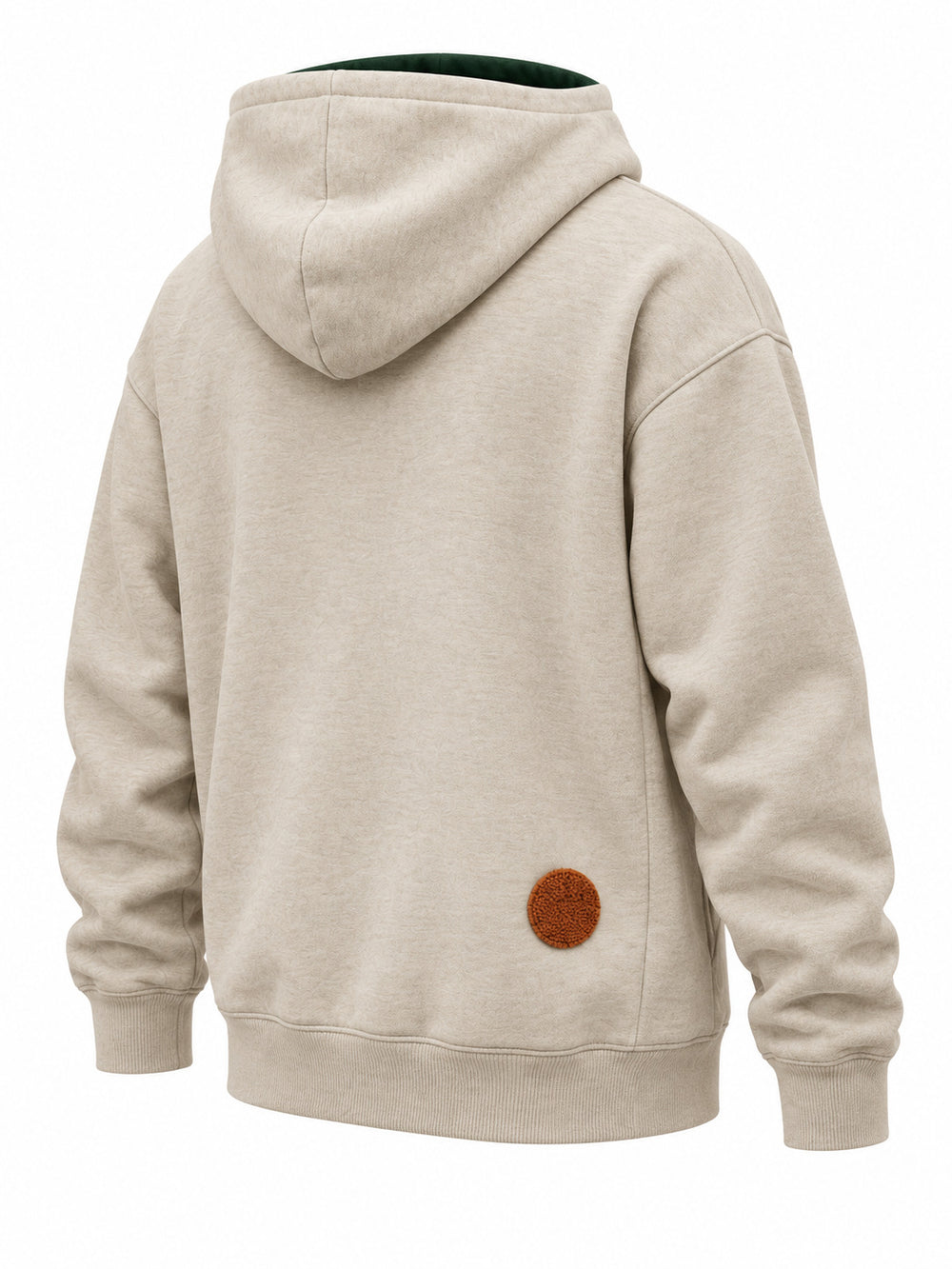 Rear three-quarter view of the Mountain Patch oatmeal felt appliqué hoodie