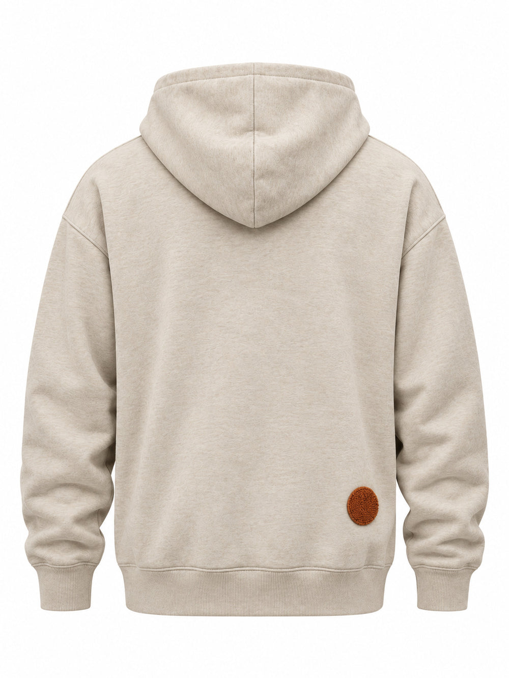Back view of the Mountain Patch oatmeal felt appliqué hoodie with small circular felt sun patch on the lower right