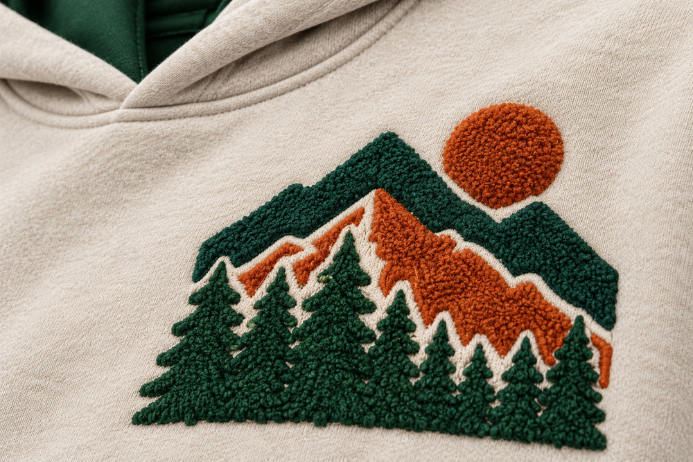 Close-up of the felt appliqué decoration on the Mountain Patch oatmeal felt appliqué hoodie
