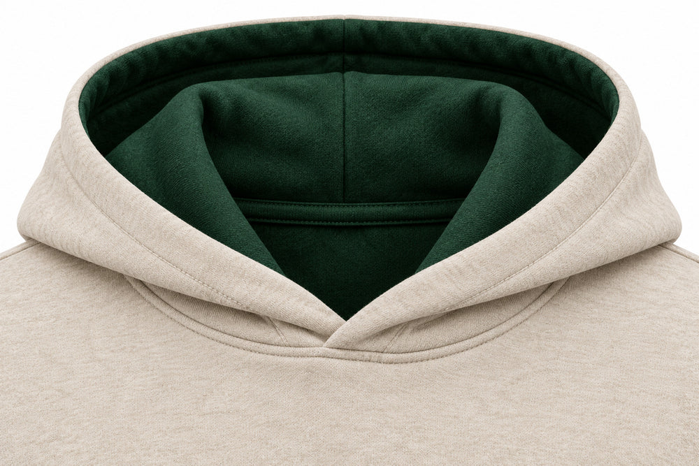 Close-up of the hood and neckline of the Mountain Patch oatmeal felt appliqué hoodie
