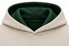 Close-up of the hood and neckline of the Mountain Patch oatmeal felt appliqué hoodie