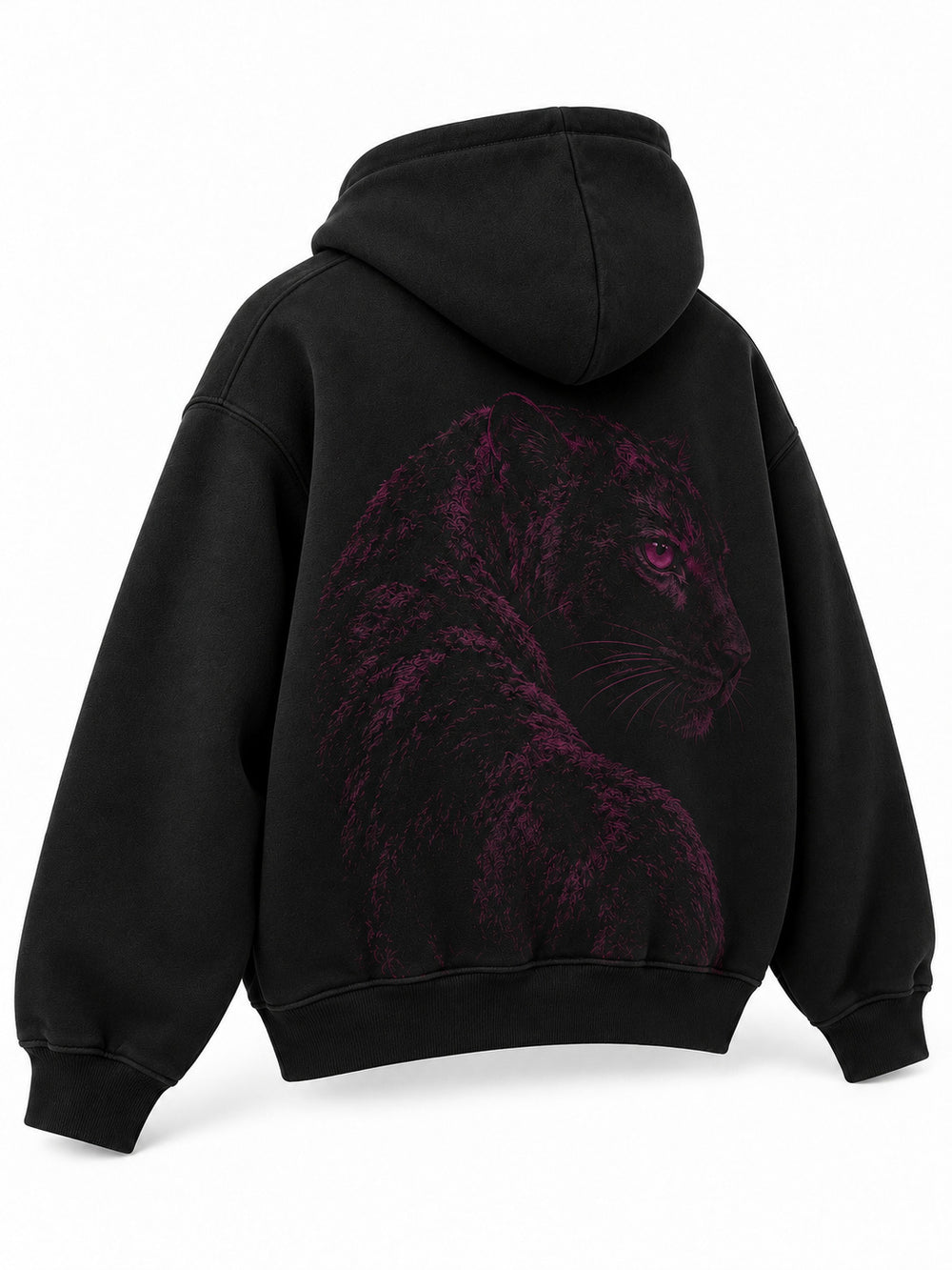 Rear three-quarter view of the Flock Panther black flock print oversized hoodie