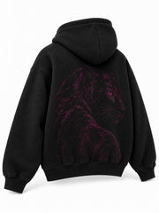 Rear three-quarter view of the Flock Panther black flock print oversized hoodie
