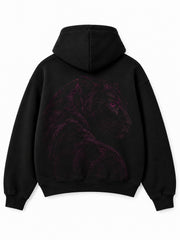 Back view of the Flock Panther black flock print oversized hoodie with a large tonal plum panther graphic