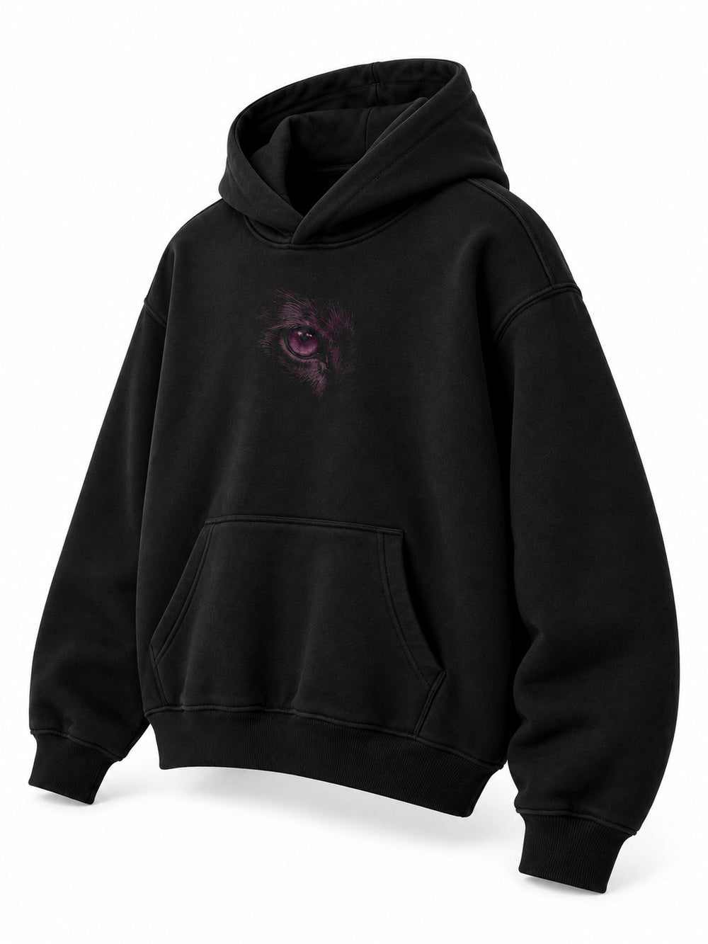 Front three-quarter view of the Flock Panther black flock print oversized hoodie