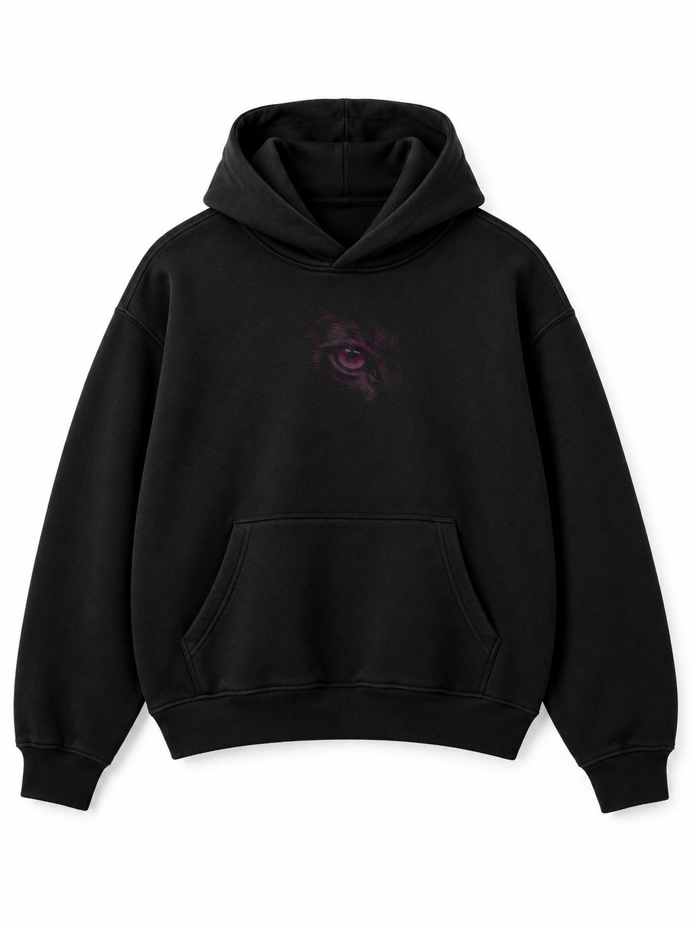 Front view of the Flock Panther black flock print oversized hoodie with a small tonal plum panther-eye motif