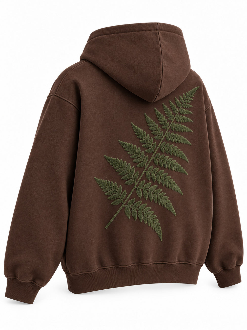 Rear three-quarter view of the Velvet Fern chocolate brown flock print boxy hoodie