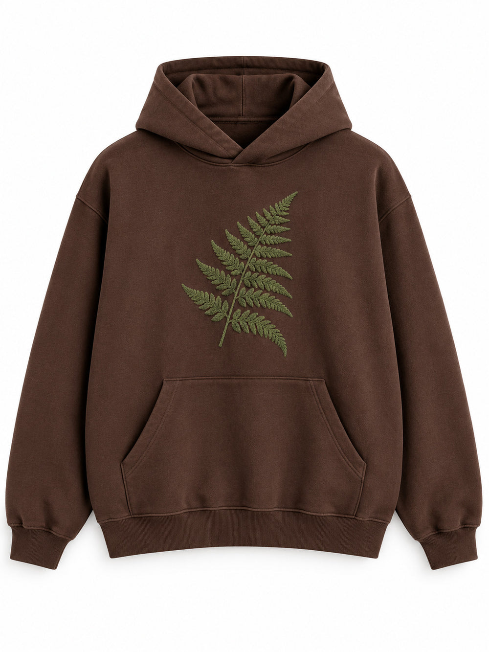 Front view of the Velvet Fern chocolate brown flock print boxy hoodie with a green velvet-flock fern across the chest