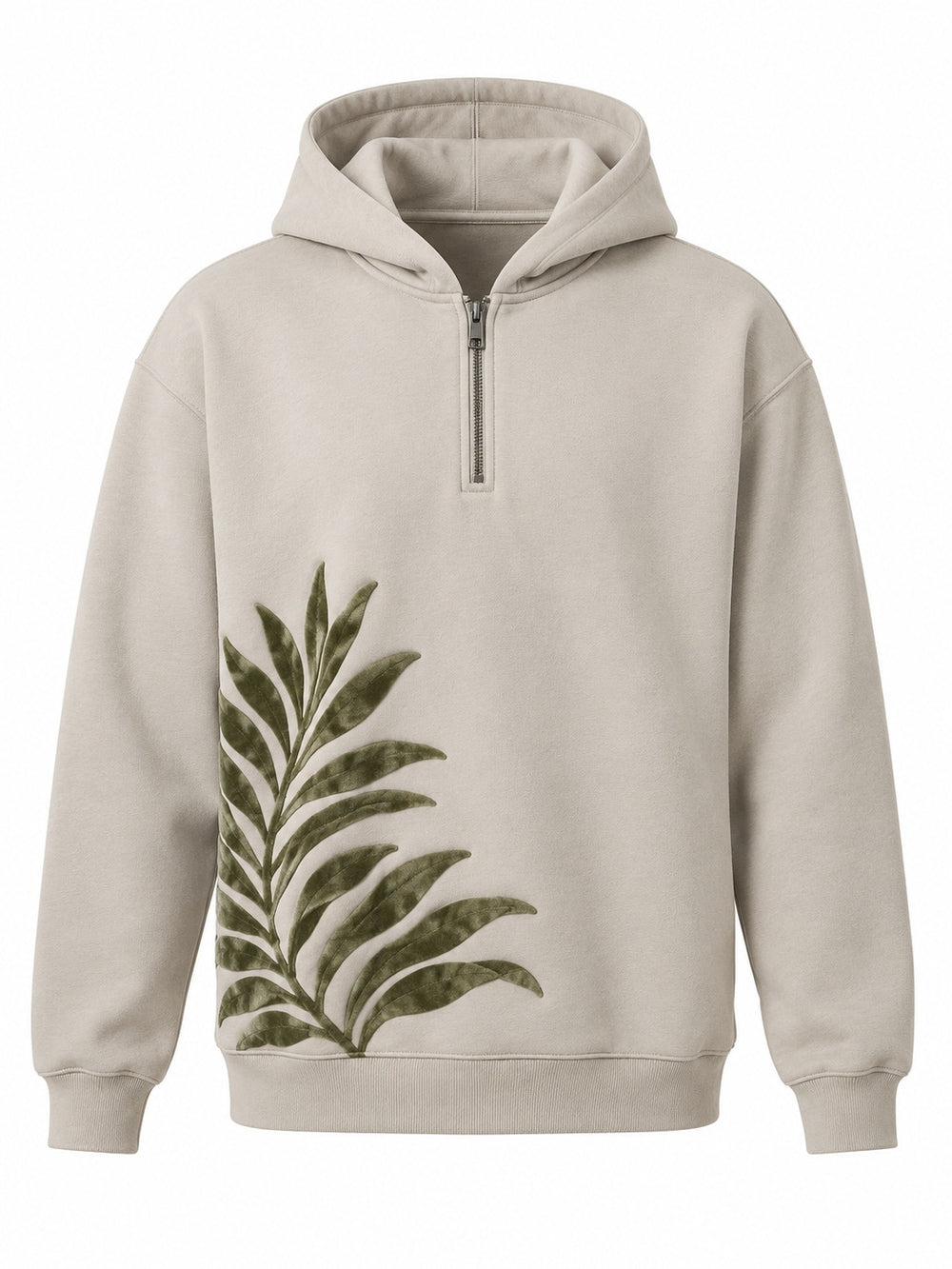 Front view of the Palm Frond stone flock print quarter-zip hoodie with olive flock palm frond rising from the lower left hem