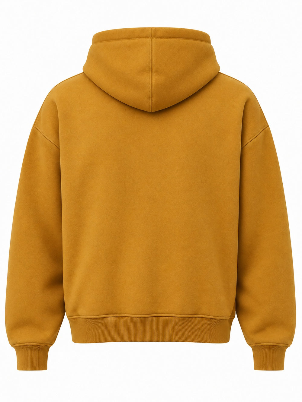 Back view of the Velvet Maze ochre flock print boxy hoodie with plain back