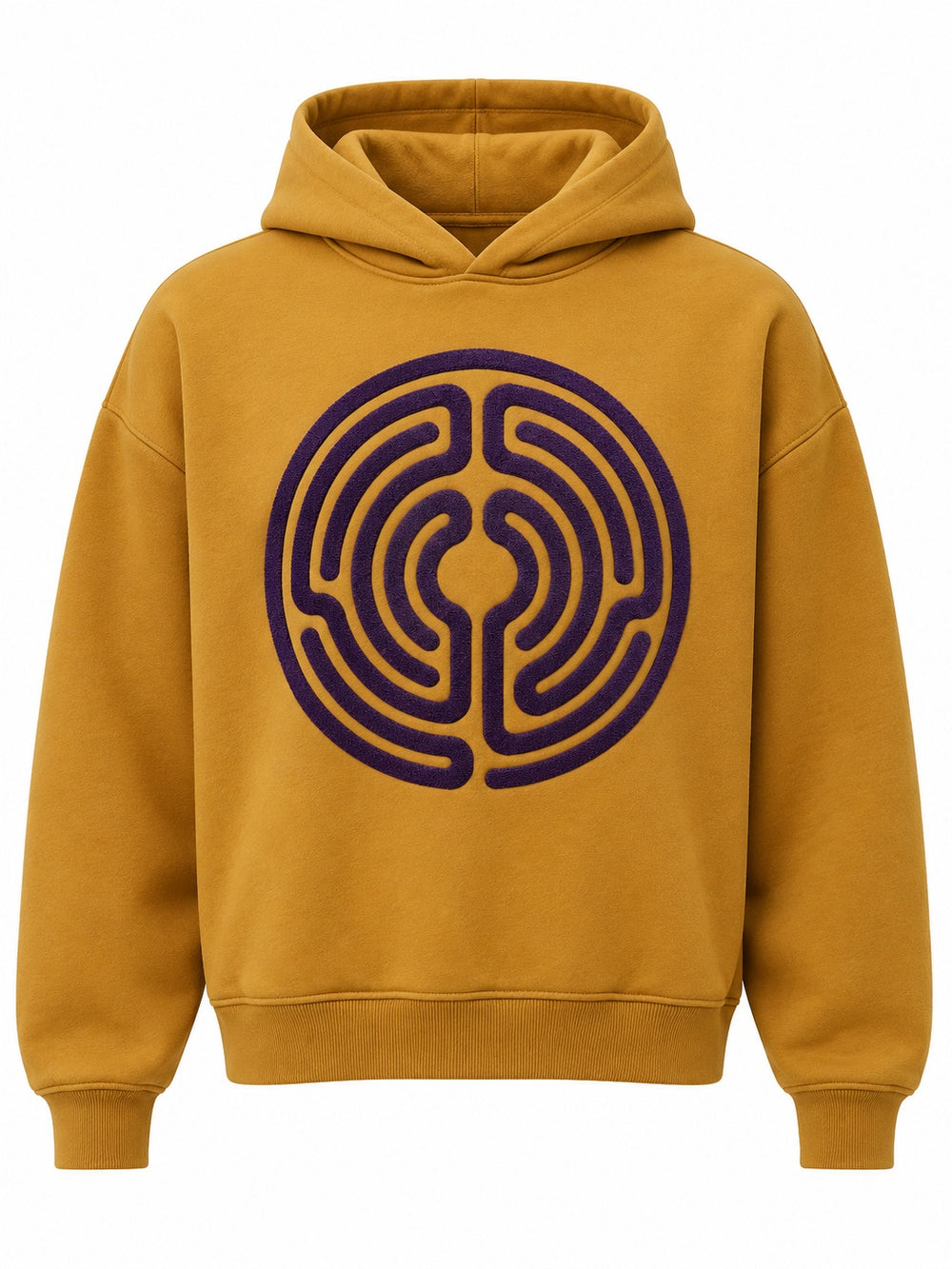 Front view of the Velvet Maze ochre flock print boxy hoodie with large plum flock labyrinth circle across the chest