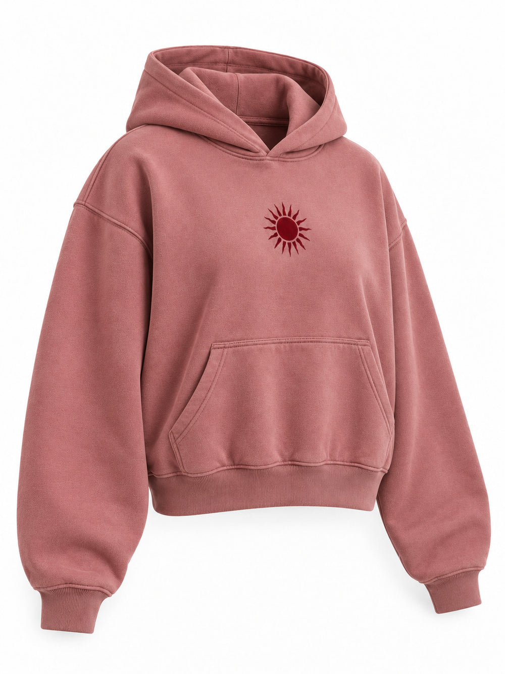 Front three-quarter view of the Velvet Sun dusty rose flock print cropped hoodie
