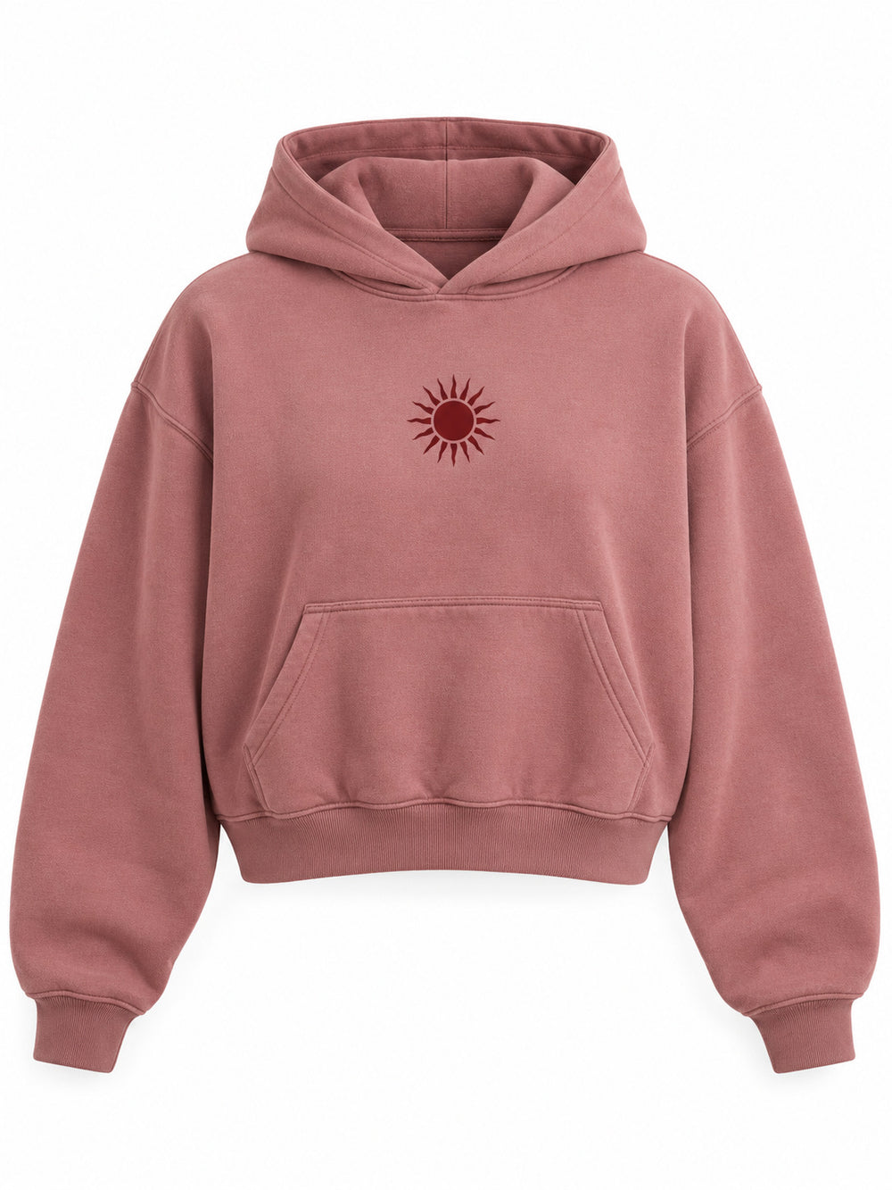 Front view of the Velvet Sun dusty rose flock print cropped hoodie with a small burgundy velvet-flock sun at the chest