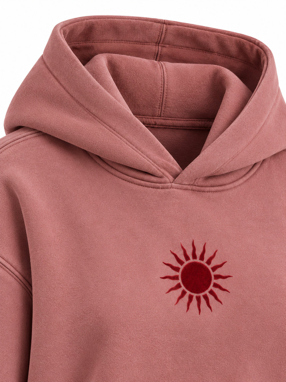 Close-up of the hood and neckline of the Velvet Sun dusty rose flock print cropped hoodie