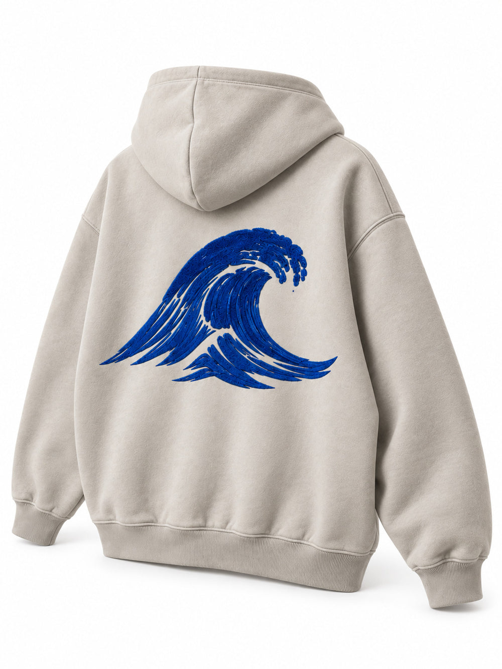 Rear three-quarter view of the Velvet Wave light stone flock print hoodie