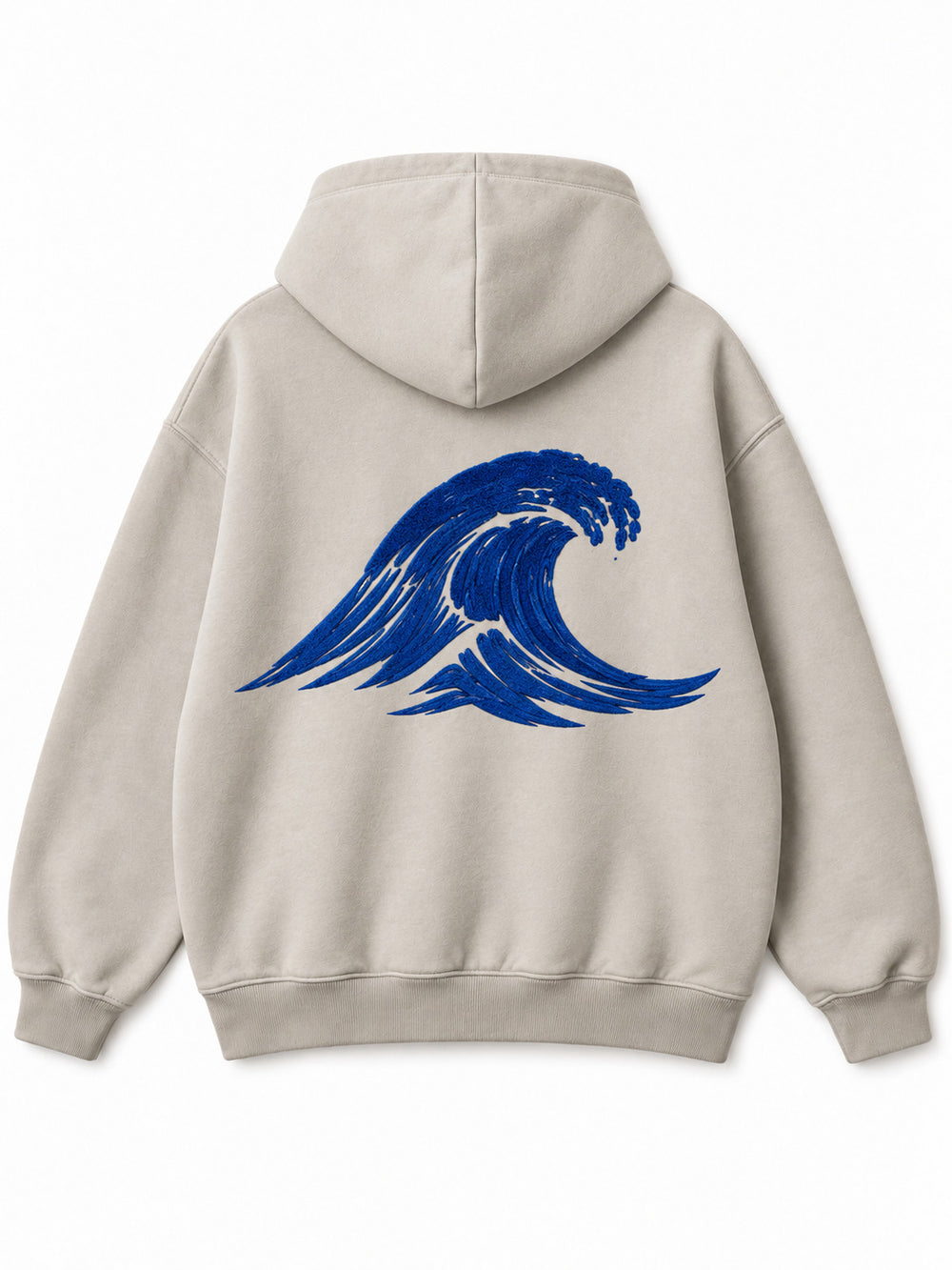 Back view of the Velvet Wave light stone flock print hoodie with a large cobalt-blue cresting wave
