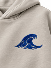 Close-up of the flock print decoration on the Velvet Wave light stone flock print hoodie