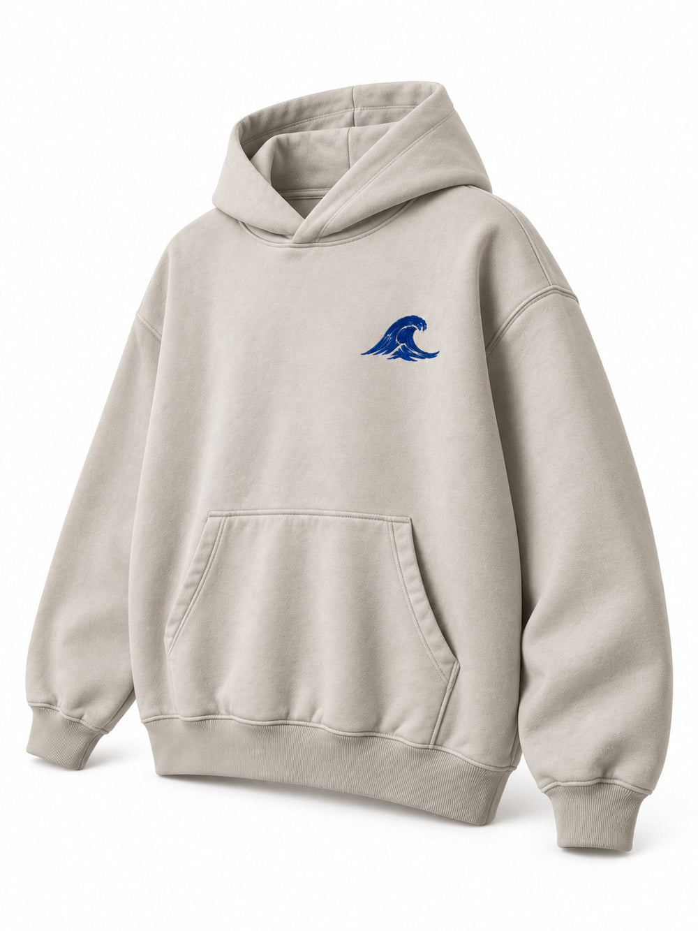 Front three-quarter view of the Velvet Wave light stone flock print hoodie