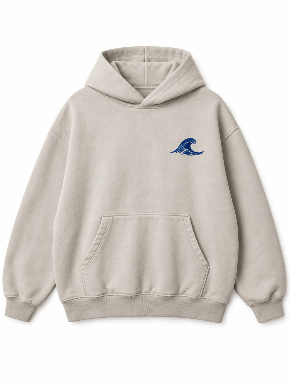 Front view of the Velvet Wave light stone flock print hoodie with a small cobalt-blue flocked wave at the left chest