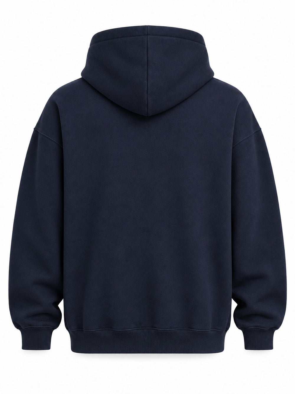 Back view of the Copper Horizon midnight navy foil print oversized hoodie with plain back