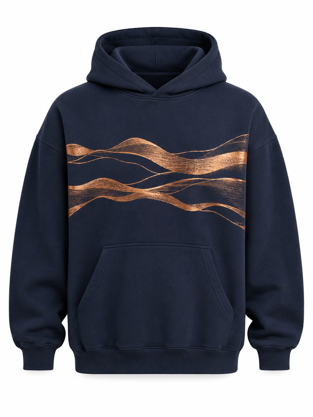 Front view of the Copper Horizon midnight navy foil print oversized hoodie with flowing copper foil wave lines across the chest