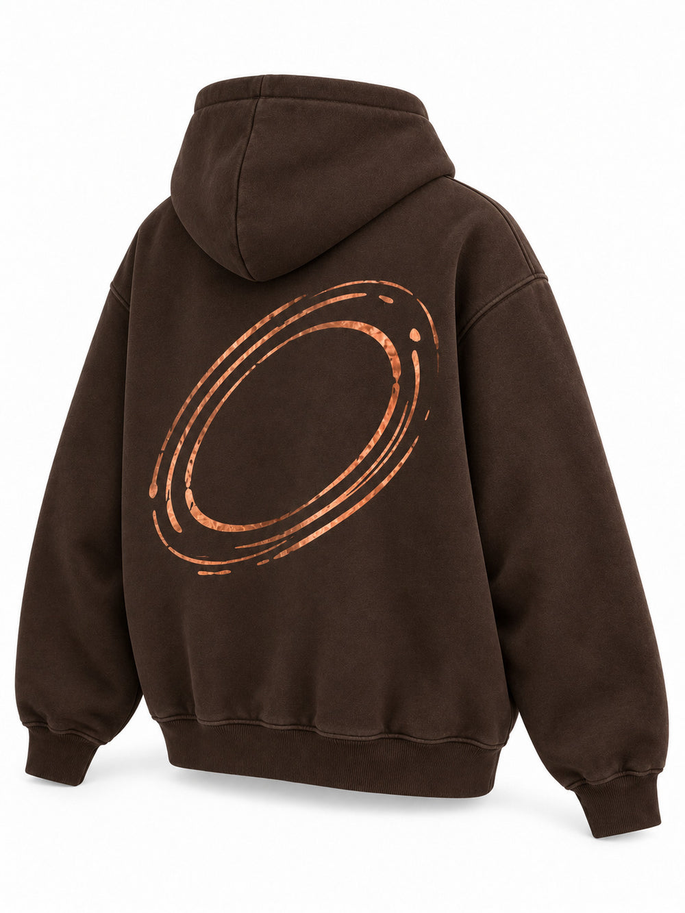 Rear three-quarter view of the Copper Orbit espresso brown foil print oversized hoodie