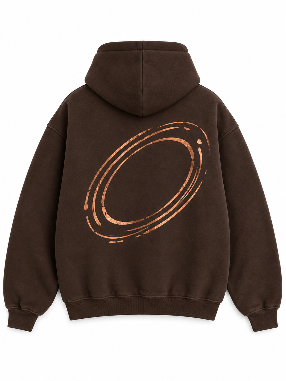 Back view of the Copper Orbit espresso brown foil print oversized hoodie with a large copper-tone elliptical orbit