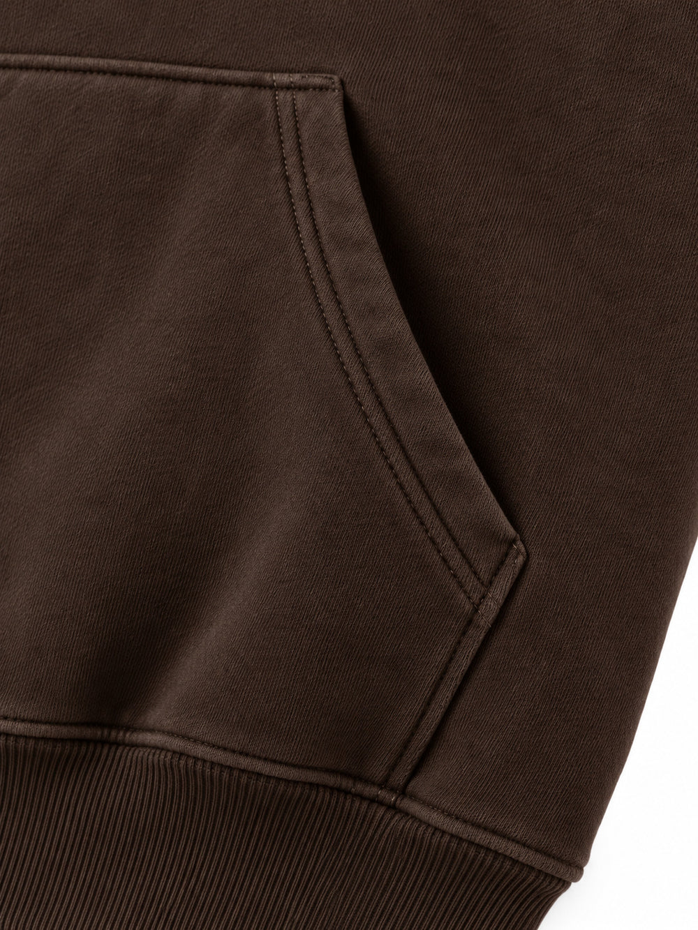 Close-up of the seam stitching of the Copper Orbit espresso brown foil print oversized hoodie